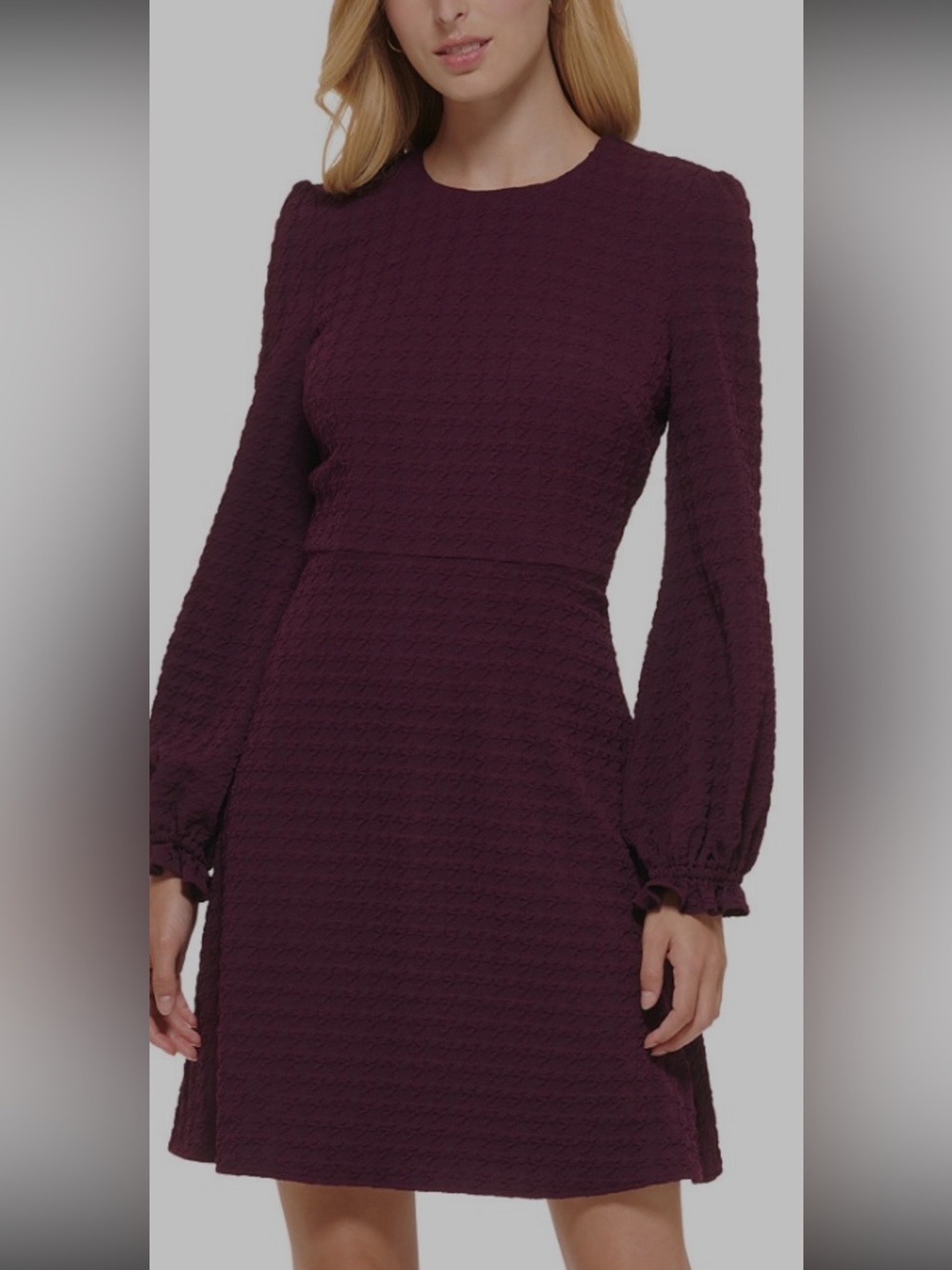 Tommy Hilfiger Plum Embossed Houndstooth Long Sleeve Midi Dress